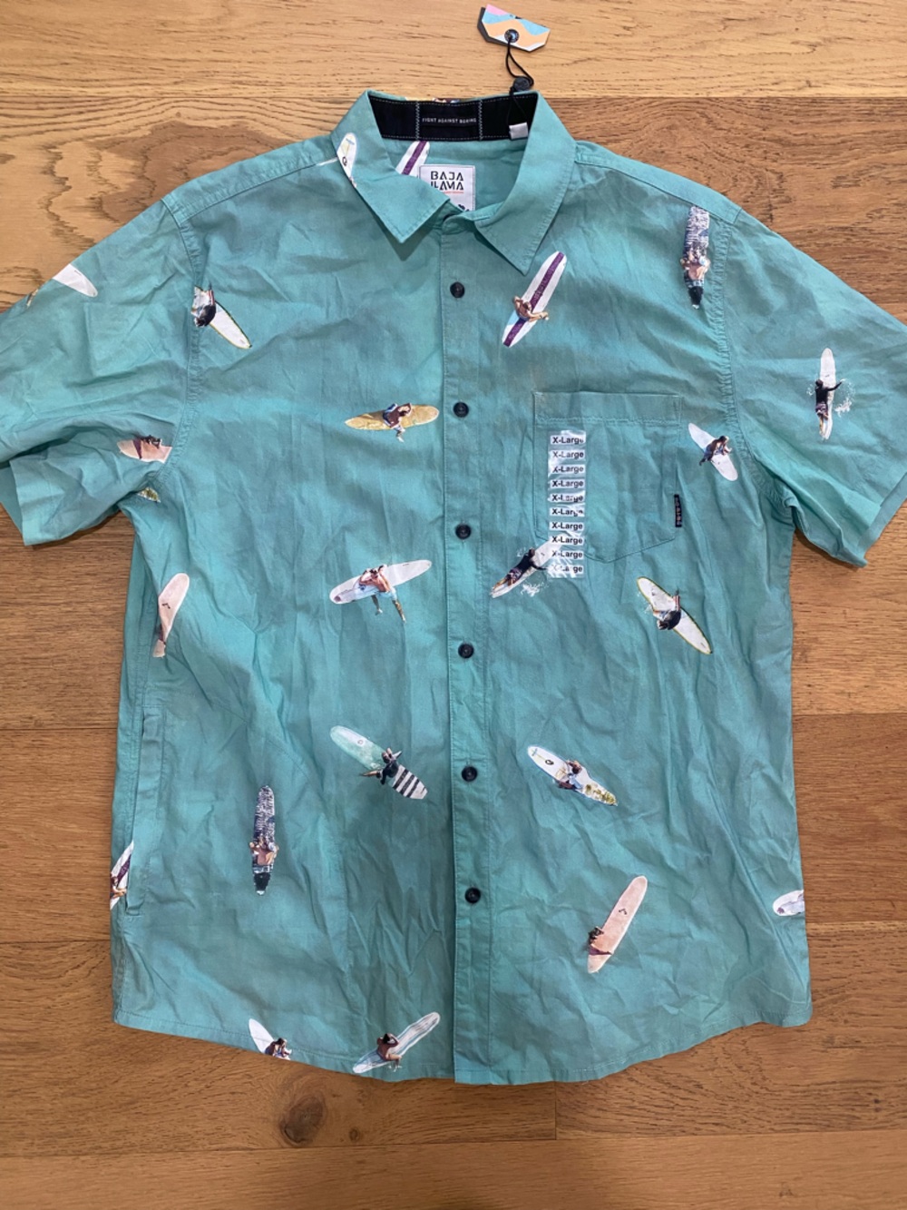 Baja Llama Teal surf Surfboard Print Short-Sleeve men’s button up Shirt XL NWT